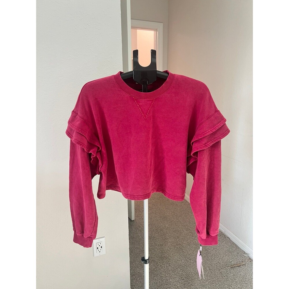 AVEC LES FILLES Crew Neck Ruffle Sleeve Sweatshirt NWT! Size Large